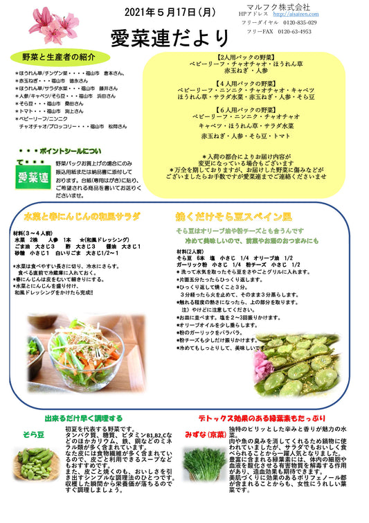 今週の野菜パック（4人用）と愛菜連だより（WEB版）です♬
