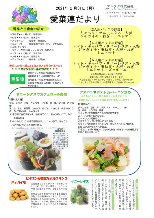今週の愛菜連だよりと、野菜パックになります。